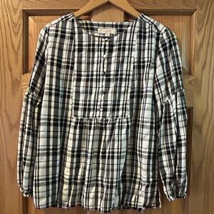 LOFT- Black and White Plaid Blouse - Buttons Down Front - Puffy Sleeves - Small